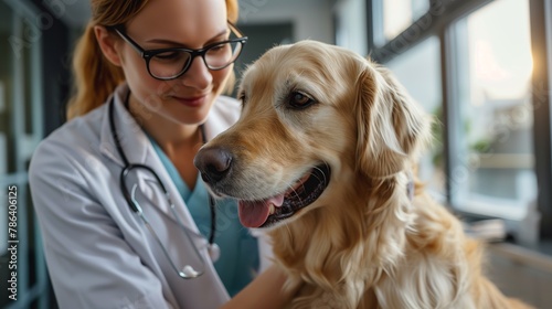 Portrait of a Young Female Veterinarian in Glasses Petting a Noble Healthy Golden Retriever Pet in a Modern Veterinary Clinic