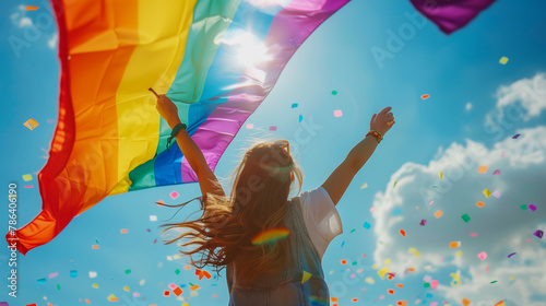 LGBTQ+ rights march; person carrying banner and flag, csd, lgbtqia+