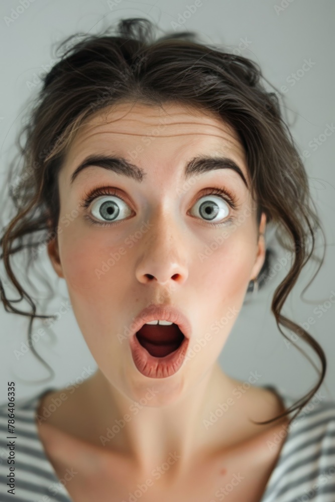 The look of surprise and wonder on a woman's face as she experiences something unexpected, her mouth slightly open in astonishment. The look of surprise and wonder on a woman's face as she experiences something unexpected, her mouth slightly open in astonishment.