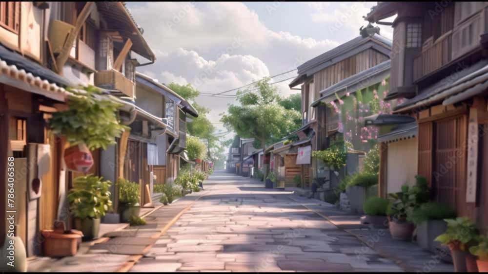 Aerial view of japanese housing in village. Flying camera over water 4k Aerial view of japanese housing in village. Flying camera over water 4k