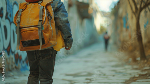 A school bag slung over a student's shoulder, accompanied by the sound of echoing footsteps.