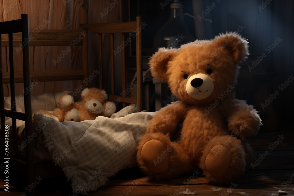 A cuddly teddy bear sits next to a tiny crib, conveying the warmth and tenderness of a mother's love for her newborn baby.