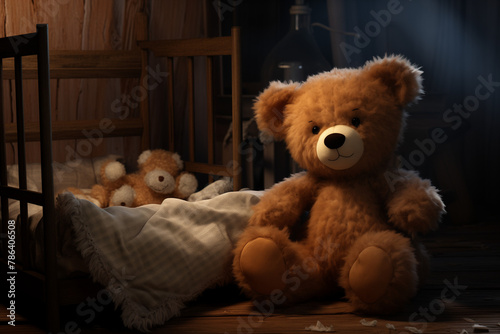 A cuddly teddy bear sits next to a tiny crib, conveying the warmth and tenderness of a mother's love for her newborn baby.