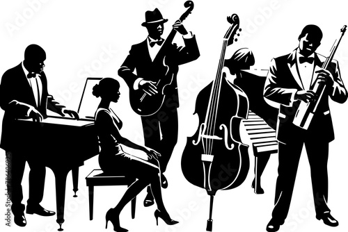 A captivating set of black musician silhouettes elegantly poised against a pristine white background. 