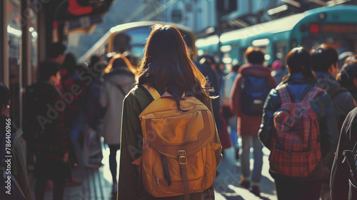 A school bag slung over a student's shoulder, blending into the crowd of busy commuters.