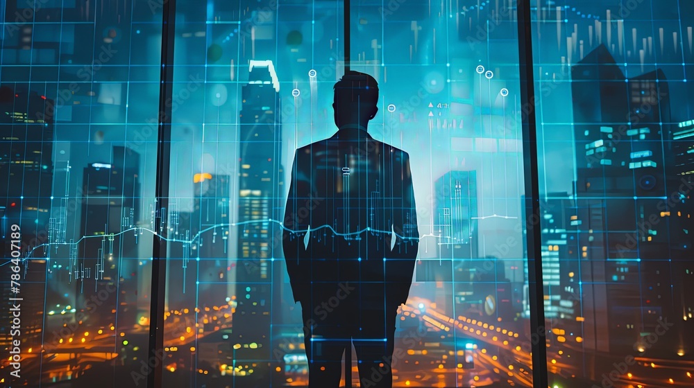 Man in suit standing in office at night looking at window with data chart graph displayed on city background Man in suit standing in office at night looking at window with data chart graph displayed on city background