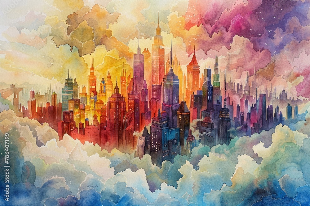 A city where buildings float on clouds instead of standing on the ground, painted in vibrant watercolors