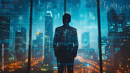 Man in suit standing in office at night looking at window with data chart graph displayed on city background © Barosanu