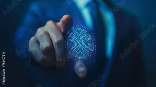 Businessman using fingerprint indentification to access personal financial data. Idea for biometrics security,E-kyc (electronic know your customer)