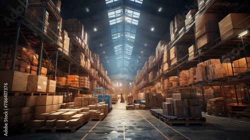 A warehouse with a lot of boxes and a truck in the middle