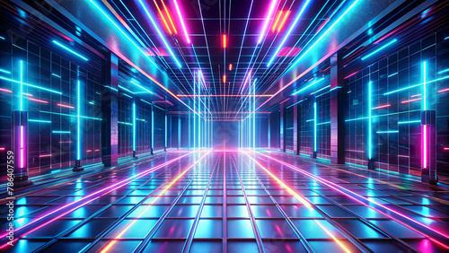 Vivid neon lights create a futuristic corridor with a perspective that draws the eye toward a bright vanishing point at the center. AI generated.