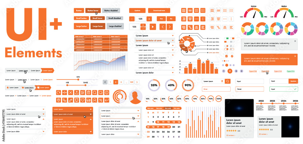 A set of modern web interface elements designed for the development and design of websites and mobile applications. Includes buttons, icons, navigation elements, slyder, forms.