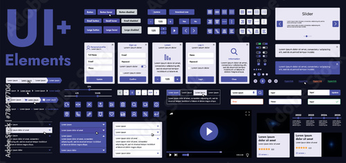 A set of modern web interface elements designed for the development and design of websites and mobile applications. Includes buttons, icons, navigation elements, slyder, forms.