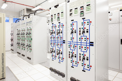 Electrical switchgear room at an electric substation.
