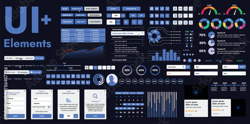 A set of modern web interface elements designed for the development and design of websites and mobile applications. Includes buttons, icons, navigation elements, slyder, forms.