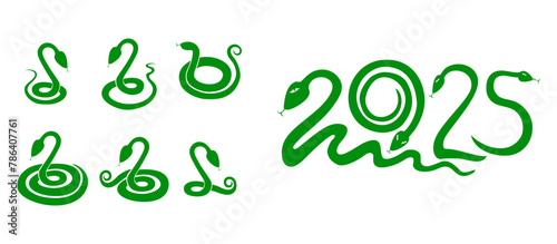 Collection of snakes isolated on White background. appy chinese new year 2025 the snake zodiac sign. 2025 Chinese Year of the Snake. Decorate numbers 2025 Vector illustration