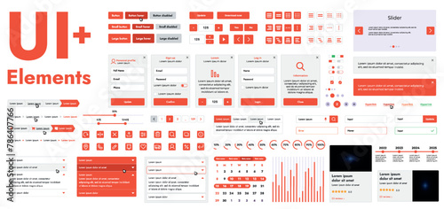 A set of modern web interface elements designed for the development and design of websites and mobile applications. Includes buttons, icons, navigation elements, slyder, forms. photo