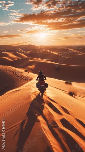 Adventure motorcycle with the endurance of a camel, trekking through desert dunes, late afternoon sun casting elongated shadows
