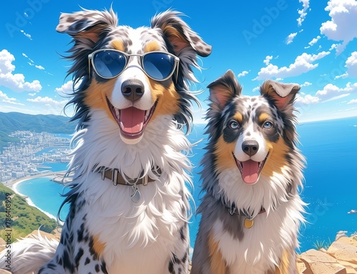 Two happy dogs wearing sunglasses at the beach, with a clear blue sky and sea in the background. 