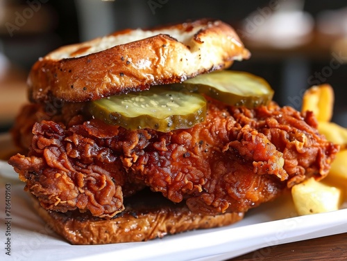 Nashville hot chicken, pickles, white bread photo