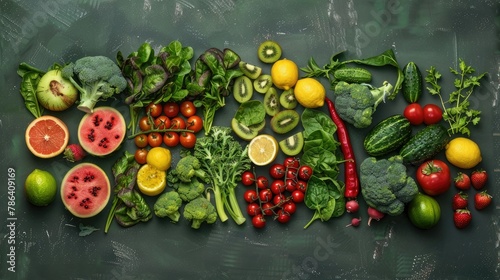 Bright display of fresh fruits and vegetables, green salad leaves on a dark background, flat lay.