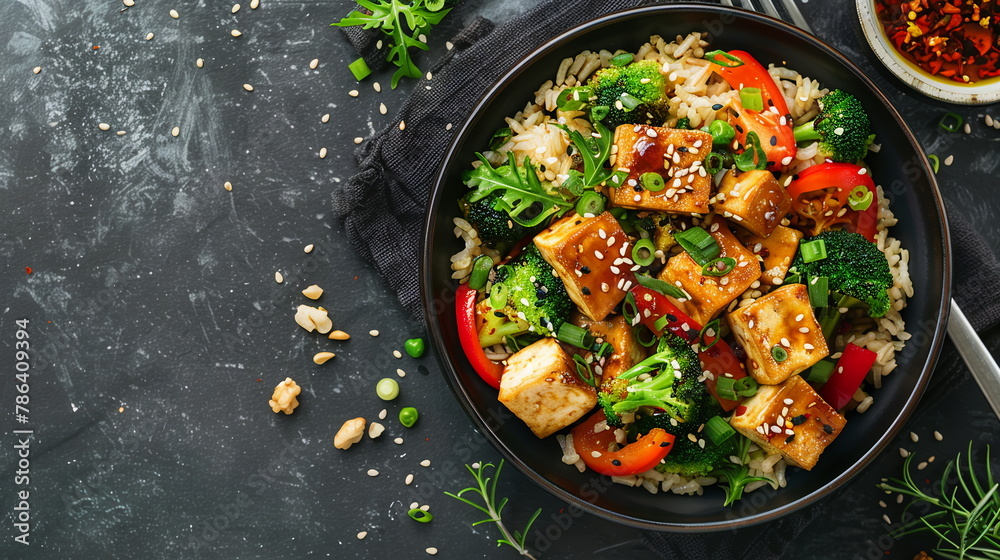 Baked tofu with stir-fried vegetables and brown rice in a sesame ginger sauce. Baked tofu with stir-fried vegetables and brown rice in a sesame ginger sauce.