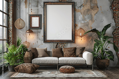 Mockup poster frame 3d render in a vintage industrial living room with salvaged materials and retro fixtures, hyperrealistic