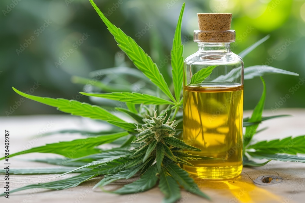 Jar with hemp oil on a background with hemp leaves, concept for cosmetic body and face care
Jar with hemp oil on a background with hemp leaves, concept for cosmetic body and face care
