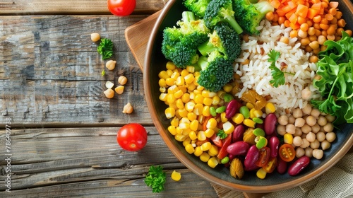 Top view of a plate with vegetables, grains and chickpeas on a wooden table, flat lay, close-up shot, healthy eating or diet food concept, copy space style.