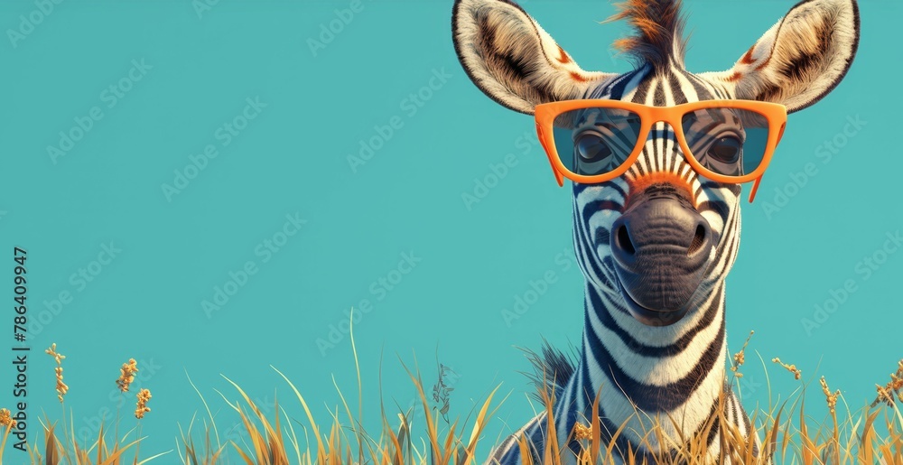 Obraz premium Zebra with colorful glasses on blue background. Cartoon animal character concept. Funny zebra portrait