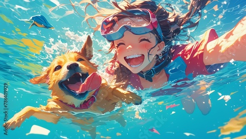 woman and dog swimming in the ocean, happy expressions,