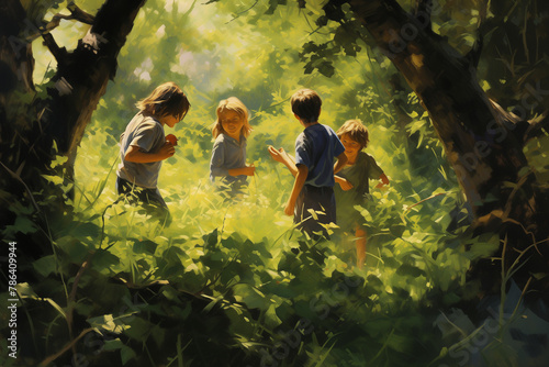 A group of children playing a game of hide-and-seek in a sun-dappled forest
