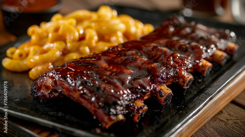 Barbecue pork ribs with a caramelized glaze, served with macaroni and cheese.