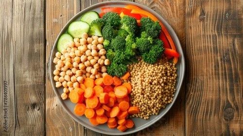 Top view of a plate with vegetables, grains and chickpeas on a wooden table, flat lay, close-up shot, healthy eating or diet food concept, copy space style.