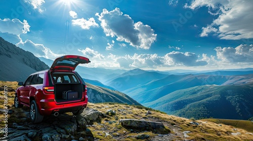 A red SUV with an open trunk stands on the edge of an alpine mountain, with a panoramic view of the mountains and a blue sky with clouds.