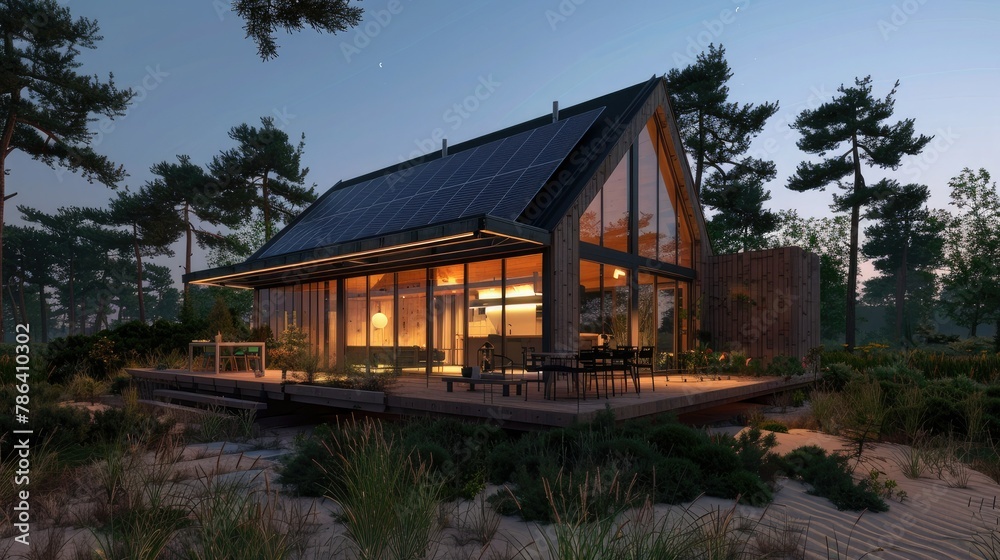 a wooden house with solar panels on the roof, surrounded by pine trees and sand dunes, built using wood materials from sustainable forests. a wooden house with solar panels on the roof, surrounded by pine trees and sand dunes, built using wood materials from sustainable forests.