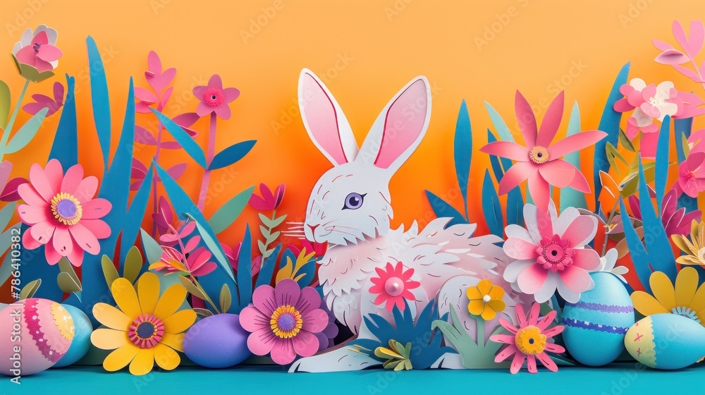 Obraz premium Vibrant Easter greeting card with a paper cut style border, featuring a bunny, flowers, and eggs.