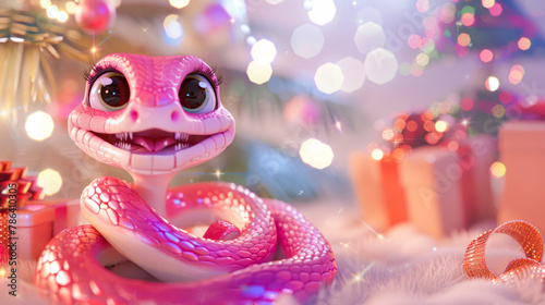 A cute smiling cartoon pink snake with expressive eyes sits next to Christmas tree and gift boxes. Symbol of the 2025 New year funny snake illustration for calendar, greeting card design, copy space