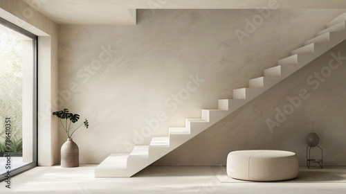Minimalist beige stairs in a contemporary Scandinavian lounge with a window and peaceful ambiance.