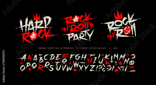 Rock'n'roll Party grunge font type alphabet with signs and symbols. Street Art graffiti style font type letterning. Hard Rock style elements collection for tee print and textile pattern design photo