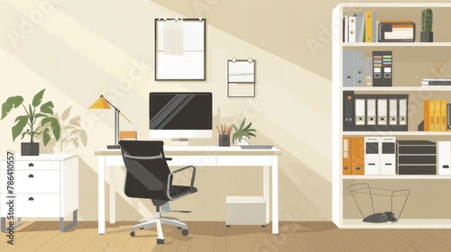 Modern home office interior design with minimalist white desk, ergonomic chair, desktop computer, and organized shelf with plants and books. Professional workspace organization.