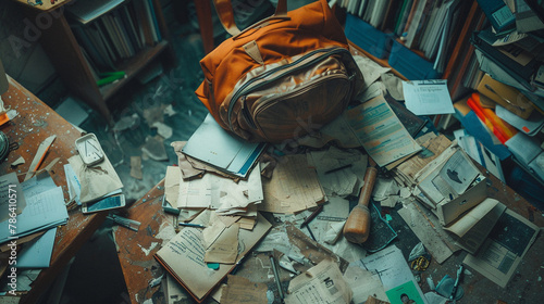 A school bag tossed onto a messy desk, surrounded by scattered papers and stationery.