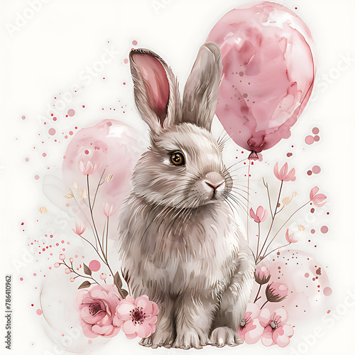 Pink Floral Flopsy Bunny Design Pink Balloon Pink Rabbit Bunny Design Digital Seamless Pattern V4 photo