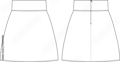zippered short mini a-line skirt denim jean template technical drawing flat sketch cad mockup fashion woman design style model
