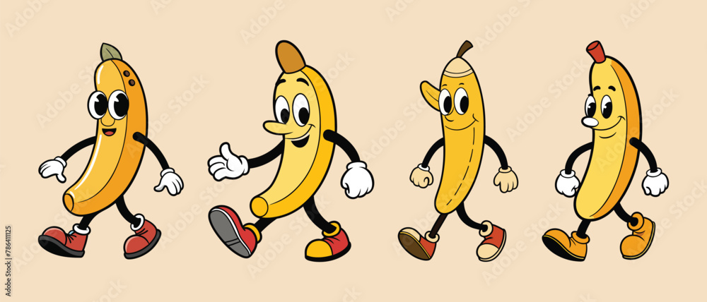 Fototapeta premium Set of Banana retro funky cartoon characters. smile face, Groovy summer vector illustration.