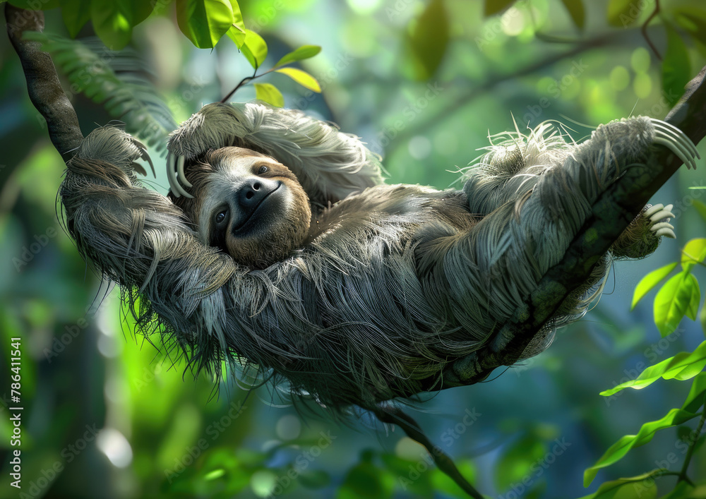 Obraz premium A sloth hanging upside down from the branch of an tree, its long arms and legs wrapped around it's body as if to hug itself