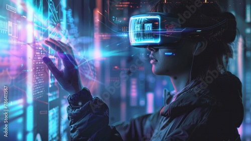 Futuristic illustration. Man manipulating virtual objects with advanced tech glasses.