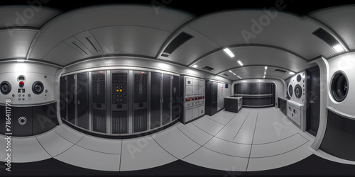 360 equirectangular panorama of a dark space station server bay with equipment racks