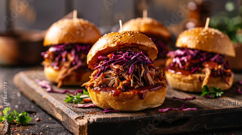 BBQ pulled pork sliders with tangy coleslaw on mini brioche buns.