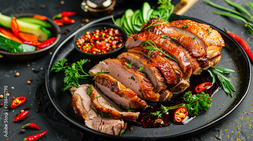 Traditional roasted Peking duck with herbs and sauce. Baked duck breast with aromatic herbs and spices on a black plate on dark background. Restaurant menu, recipe. Baked chicken with vegetables